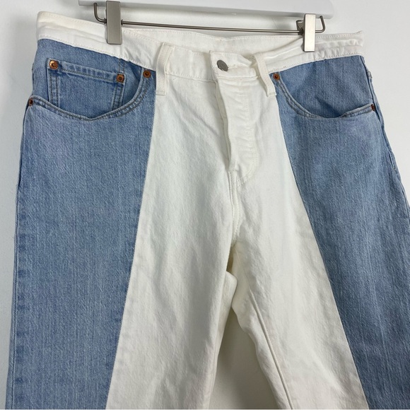 Levi's 501 Jeans Womens Taper Cropped Spliced Ankle Two Tone Button Fly Size 34 - Picture 2 of 8